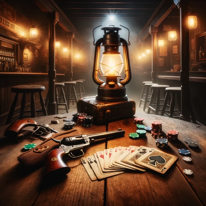 Table de saloon du Far West avec revolver, cartes de poker, jetons, et lanterne illuminée, évoquant une ambiance de jeu immersive pour la location de jeux western.